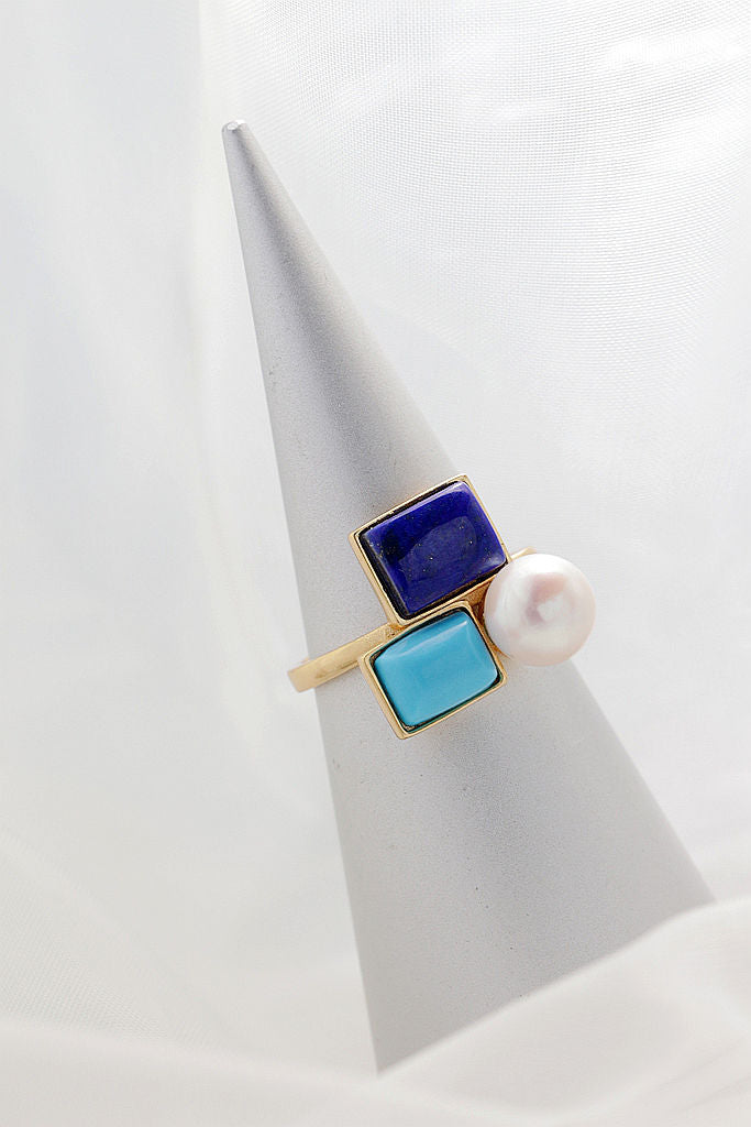 Authentic 925 Sterling Silver Ring Inlaid Natural lapis lazuli Freshwater Pearl Fashion Creative 18K Gold-Plated Open Ring Gift