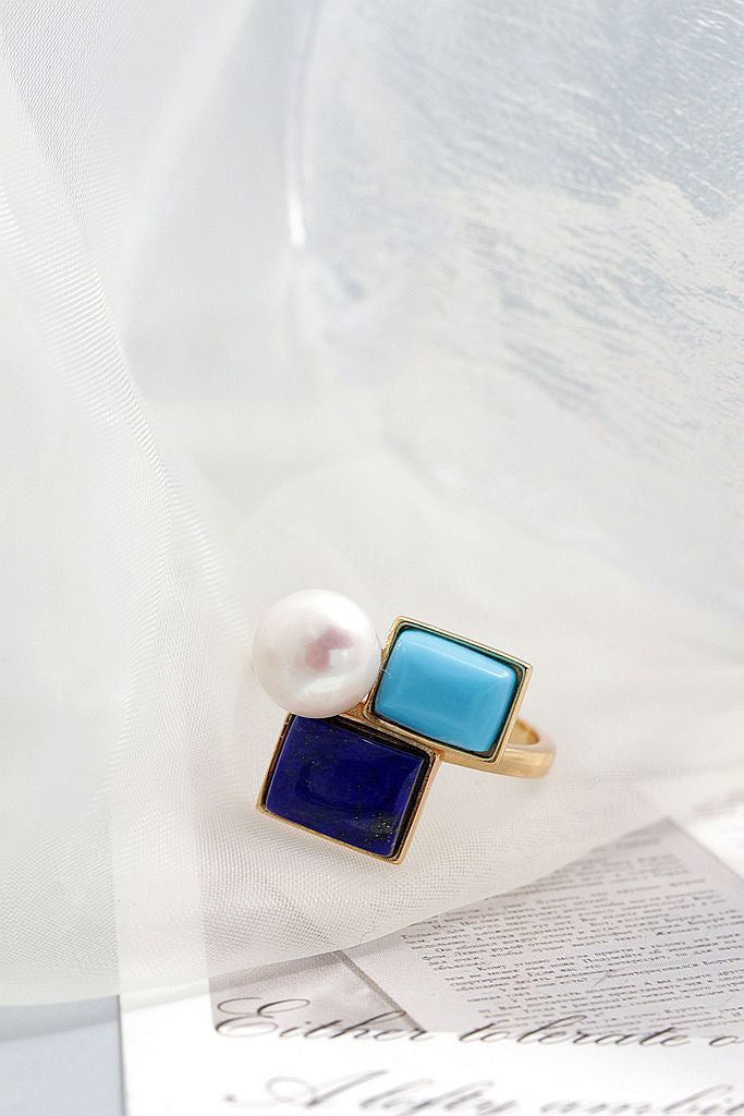 Authentic 925 Sterling Silver Ring Inlaid Natural lapis lazuli Freshwater Pearl Fashion Creative 18K Gold-Plated Open Ring Gift