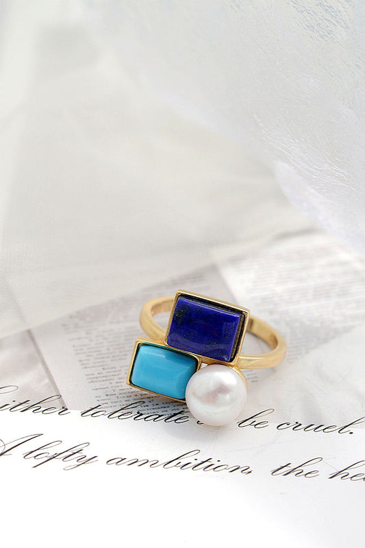 Authentic 925 Sterling Silver Ring Inlaid Natural lapis lazuli Freshwater Pearl Fashion Creative 18K Gold-Plated Open Ring Gift