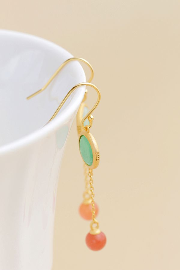 Authentic 925 Sterling Silver Earrings Retro Style Inlaid Natural Red Agate Jade 18K Gold Plated Earring Trendy Creativ Jewelry