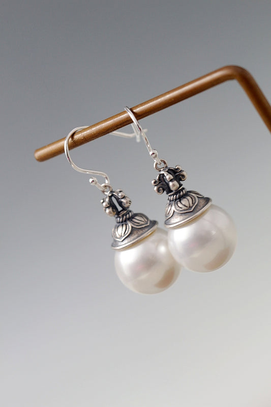 Ethnic Retro S925 Sterling Silver Earrings Inlaid Imitation Pearl Drop Earring for Daily Wear Vintage Fashion Jewelry Gift