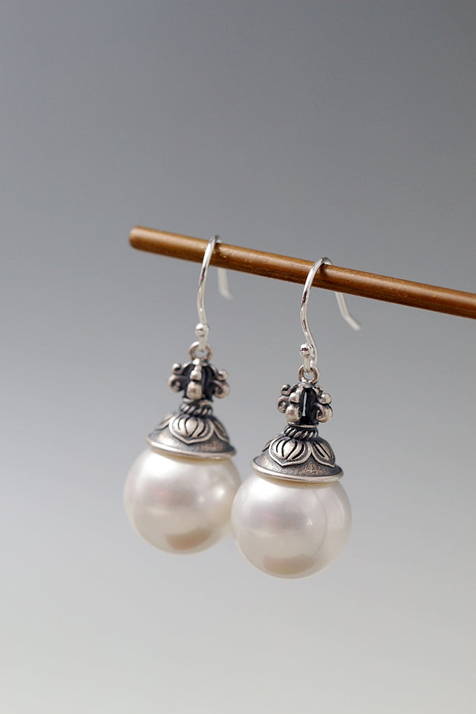 Ethnic Retro S925 Sterling Silver Earrings Inlaid Imitation Pearl Drop Earring for Daily Wear Vintage Fashion Jewelry Gift