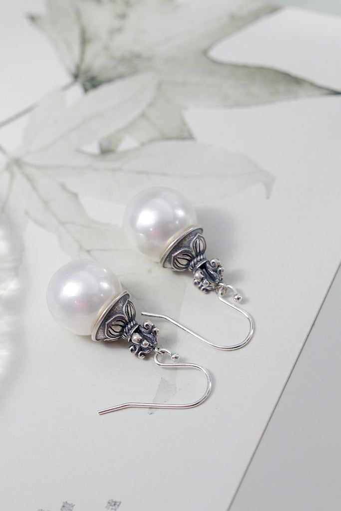 Ethnic Retro S925 Sterling Silver Earrings Inlaid Imitation Pearl Drop Earring for Daily Wear Vintage Fashion Jewelry Gift