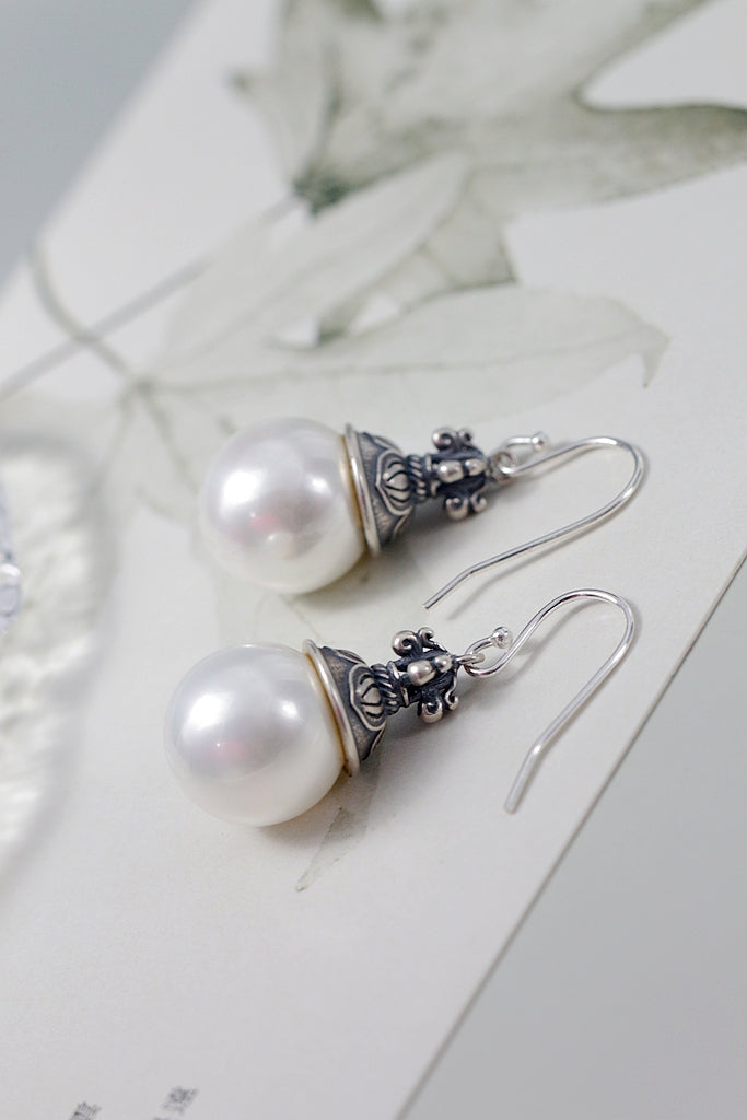 Ethnic Retro S925 Sterling Silver Earrings Inlaid Imitation Pearl Drop Earring for Daily Wear Vintage Fashion Jewelry Gift