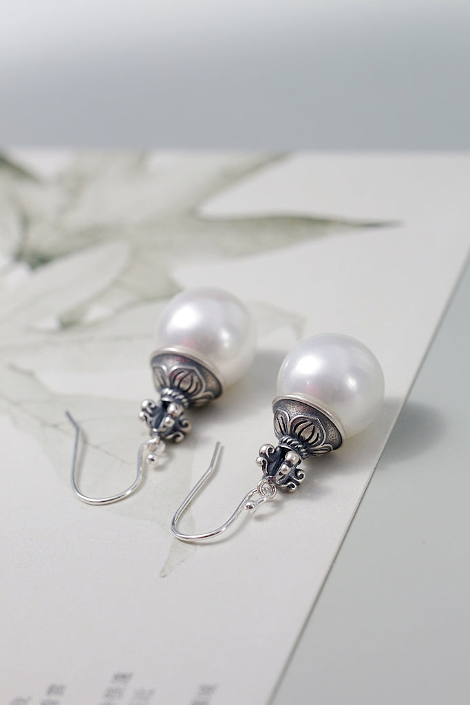 Ethnic Retro S925 Sterling Silver Earrings Inlaid Imitation Pearl Drop Earring for Daily Wear Vintage Fashion Jewelry Gift
