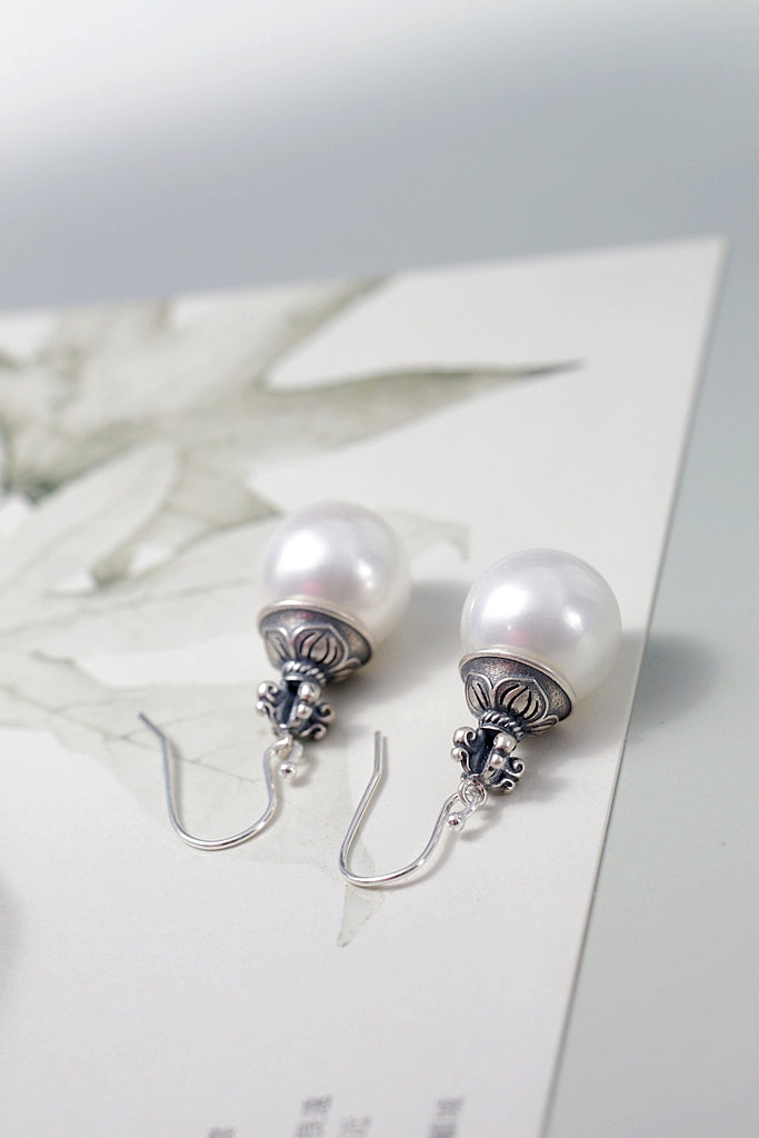 Ethnic Retro S925 Sterling Silver Earrings Inlaid Imitation Pearl Drop Earring for Daily Wear Vintage Fashion Jewelry Gift
