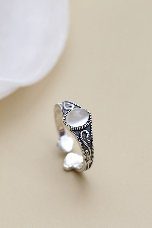 Real 925 Sterling Silver Lady Retro Style Charm Ring Inlaid Natural Moonstone Resizable Opening Rings Trendy Jewelry Gift