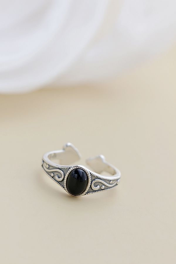 Authentic 925 Sterling Silver Lady Retro Style Charm Ring Inlaid Natural Black Agate Resizable Opening Rings Jewelry Gift