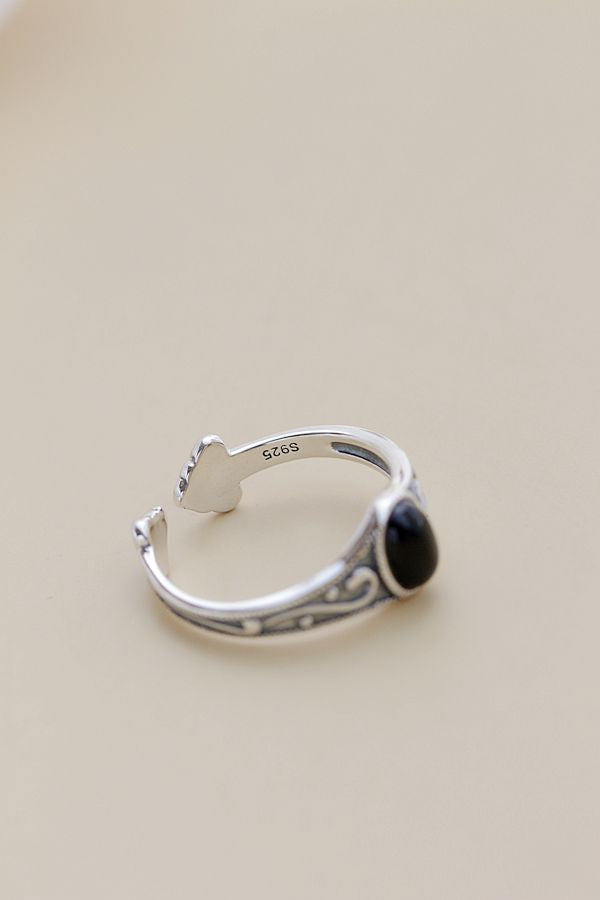 Authentic 925 Sterling Silver Lady Retro Style Charm Ring Inlaid Natural Black Agate Resizable Opening Rings Jewelry Gift