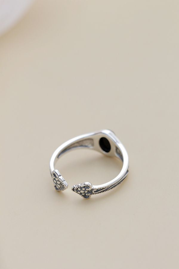 Authentic 925 Sterling Silver Lady Retro Style Charm Ring Inlaid Natural Black Agate Resizable Opening Rings Jewelry Gift