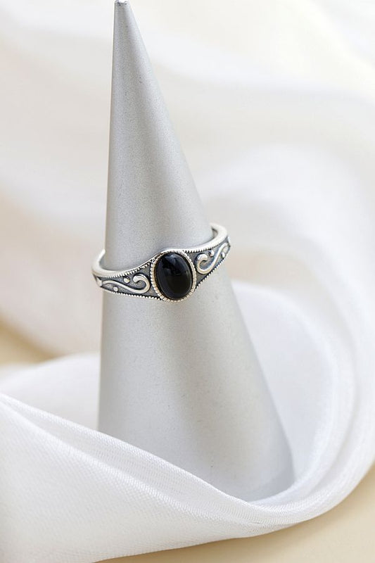 Authentic 925 Sterling Silver Lady Retro Style Charm Ring Inlaid Natural Black Agate Resizable Opening Rings Jewelry Gift