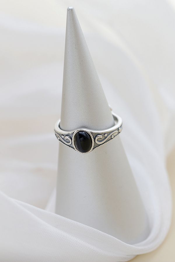 Authentic 925 Sterling Silver Lady Retro Style Charm Ring Inlaid Natural Black Agate Resizable Opening Rings Jewelry Gift