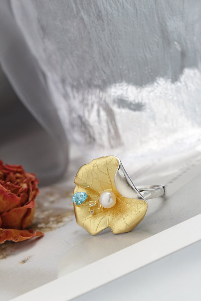 Vintage Floral 925 Sterling Silver Rings Inlaid Natural Freshwater Pearl Delicate Flower Opening Adjustable 18K Gold Plated Ring