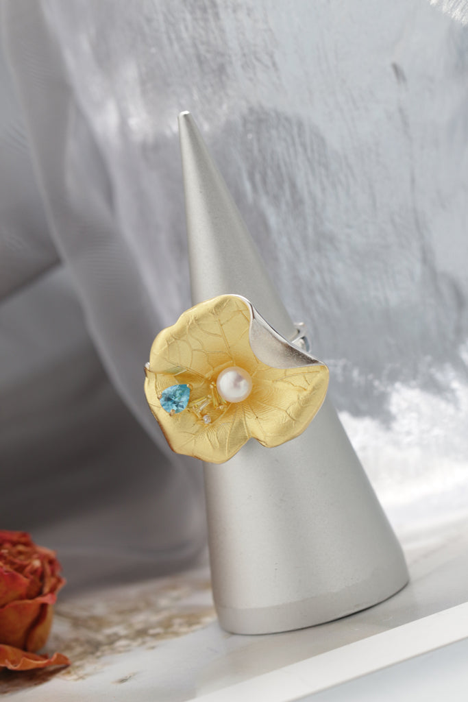 Vintage Floral 925 Sterling Silver Rings Inlaid Natural Freshwater Pearl Delicate Flower Opening Adjustable 18K Gold Plated Ring