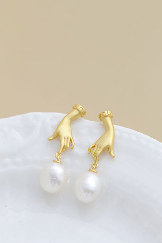 Handmade Creative 18K Gold Plated In The Palm Trendy Natural Baroque Pearl Women Tide Flow 925 Sterling Silver Earrings