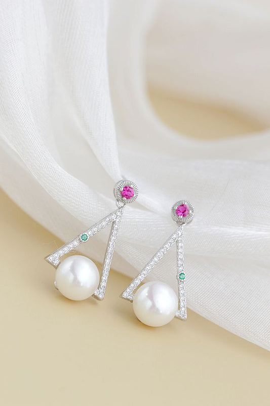 Authentic 925 Sterling Silver Earring Inlaid Natural Freshwater Pearl Fashion Creative Idea Triangle Earring Female Jewelry Gift