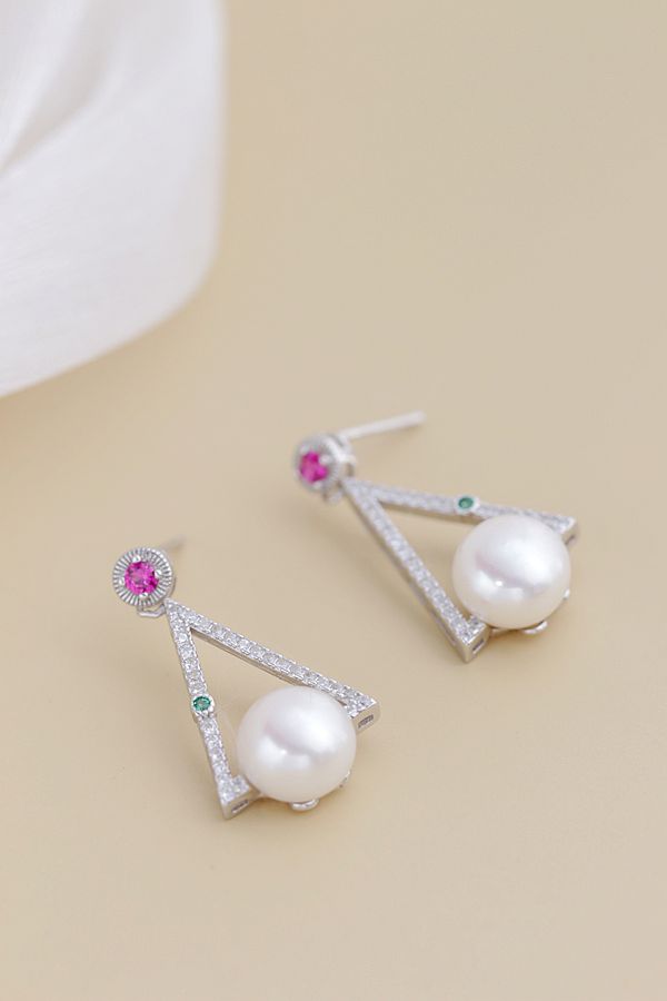 Authentic 925 Sterling Silver Earring Inlaid Natural Freshwater Pearl Fashion Creative Idea Triangle Earring Female Jewelry Gift