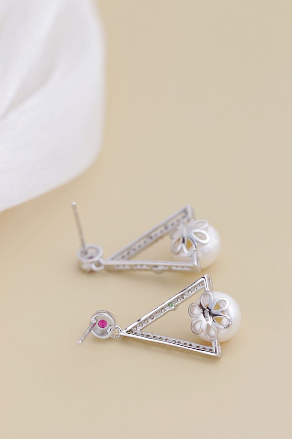 Authentic 925 Sterling Silver Earring Inlaid Natural Freshwater Pearl Fashion Creative Idea Triangle Earring Female Jewelry Gift