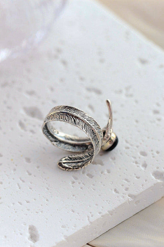 Inlaid Natural Black Agate Rings Women Fashion Jewelry Gifts Retro Feather Opening Adjustable Size 925 Sterling Silver Ring