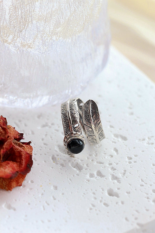 Inlaid Natural Black Agate Rings Women Fashion Jewelry Gifts Retro Feather Opening Adjustable Size 925 Sterling Silver Ring