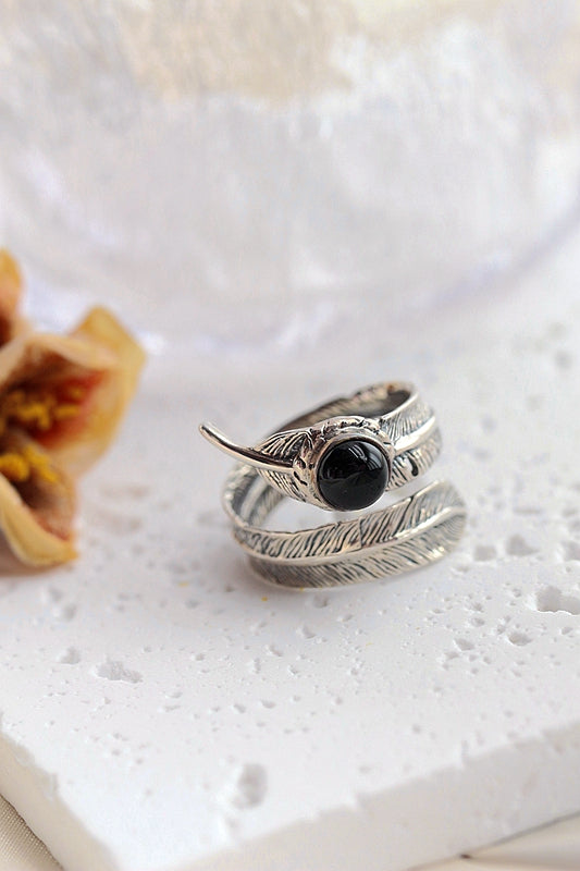 Inlaid Natural Black Agate Rings Women Fashion Jewelry Gifts Retro Feather Opening Adjustable Size 925 Sterling Silver Ring