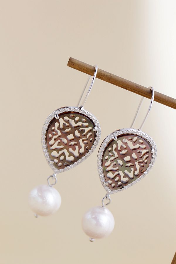 Creative Trendy Black Pearl Shell carved patterns Natural Baroque Pearl Personality 925 Sterling Silver long Earring