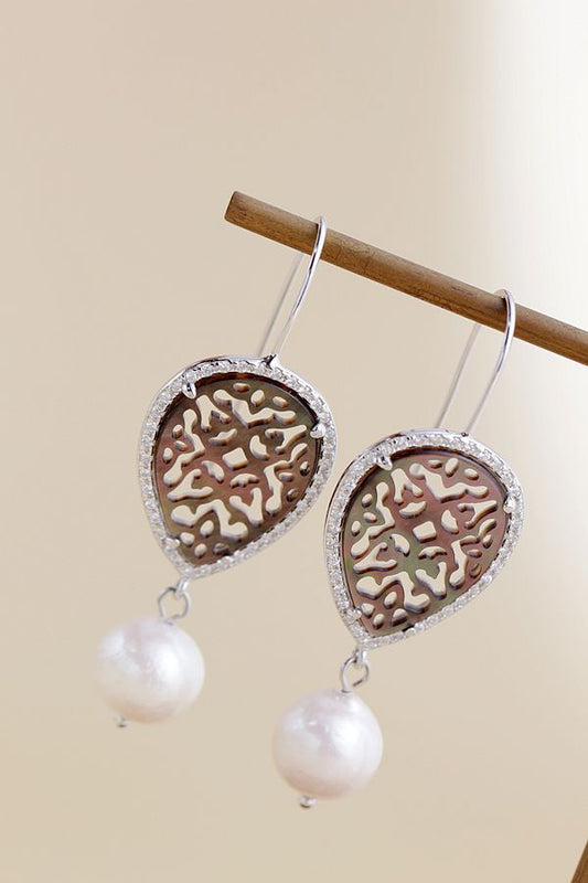 Creative Trendy Black Pearl Shell carved patterns Natural Baroque Pearl Personality 925 Sterling Silver long Earring