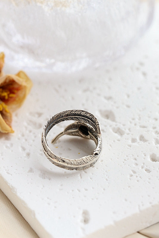 Inlaid Natural Black Agate Rings Women Fashion Jewelry Gifts Retro Feather Opening Adjustable Size 925 Sterling Silver Ring