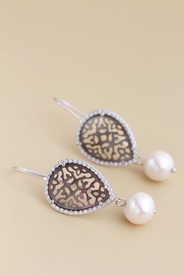 Creative Trendy Black Pearl Shell carved patterns Natural Baroque Pearl Personality 925 Sterling Silver long Earring