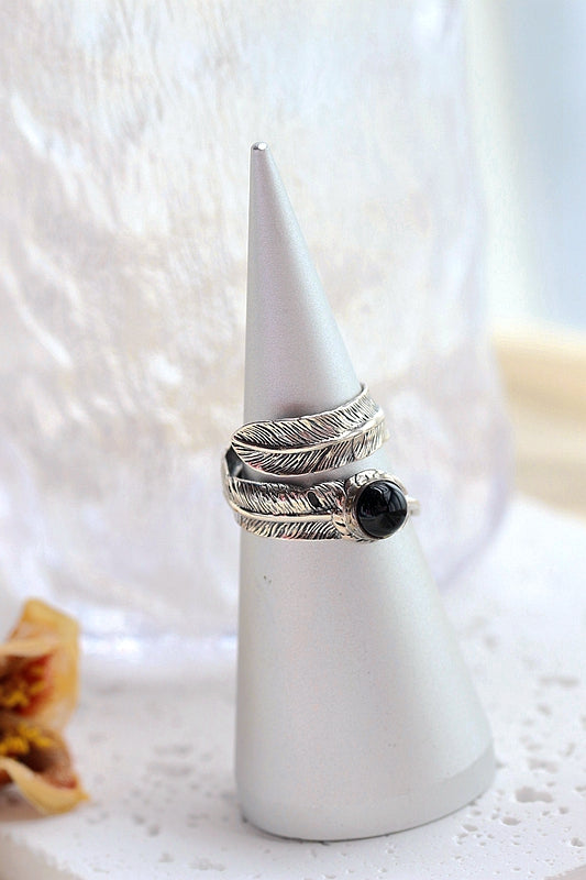 Inlaid Natural Black Agate Rings Women Fashion Jewelry Gifts Retro Feather Opening Adjustable Size 925 Sterling Silver Ring