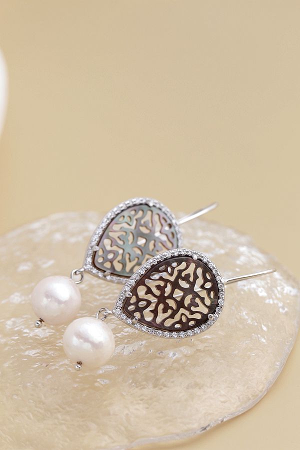 Creative Trendy Black Pearl Shell carved patterns Natural Baroque Pearl Personality 925 Sterling Silver long Earring
