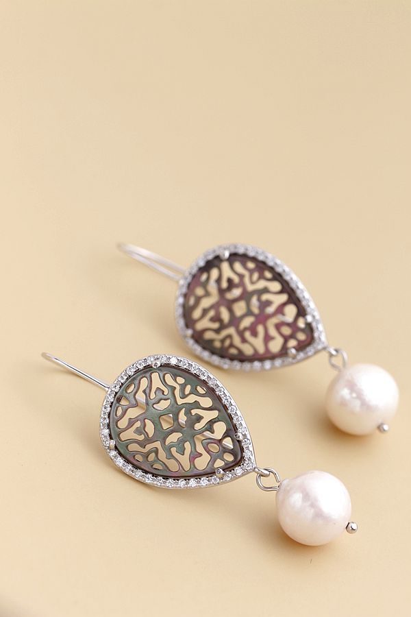 Creative Trendy Black Pearl Shell carved patterns Natural Baroque Pearl Personality 925 Sterling Silver long Earring