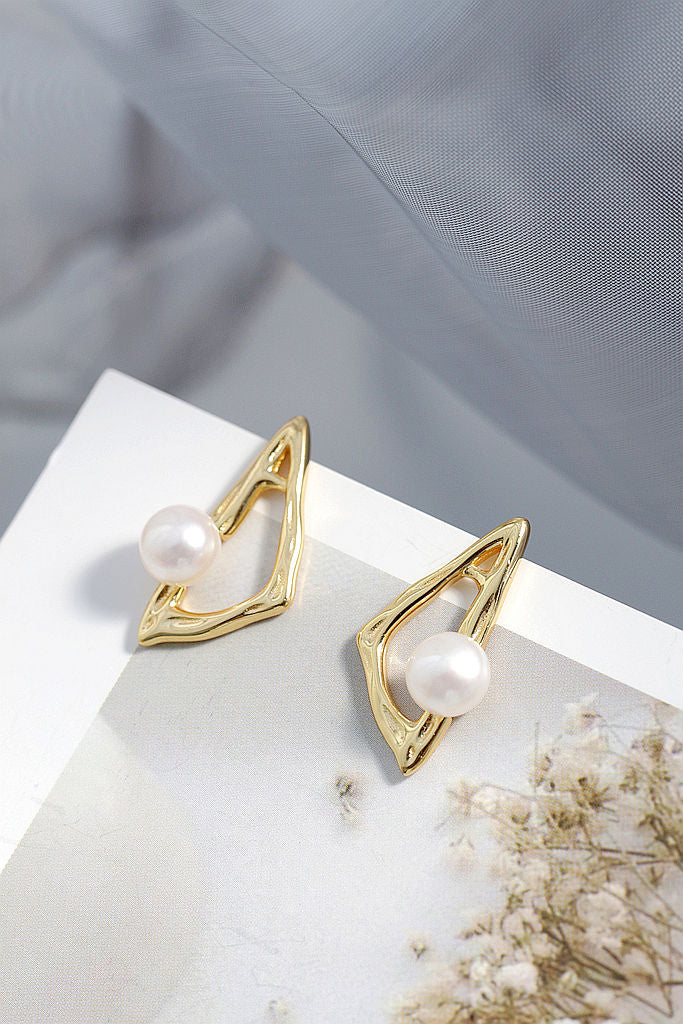 925 Sterling Silver Earrings Inlaid Natural Freshwater Pearl 18K Gold Plated Irregular Triangle Earring Minimalist Jewelry