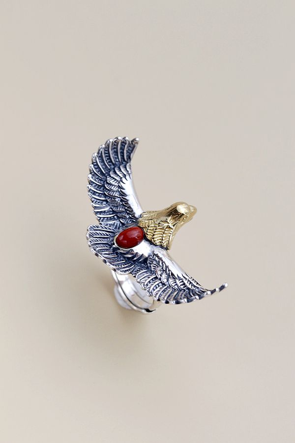 Authentic 925 Sterling Silver Ring IInlaid Natural Red Agate Creative Flying Eagle Retro Style Rings Fashio Tide Flow Jewelry