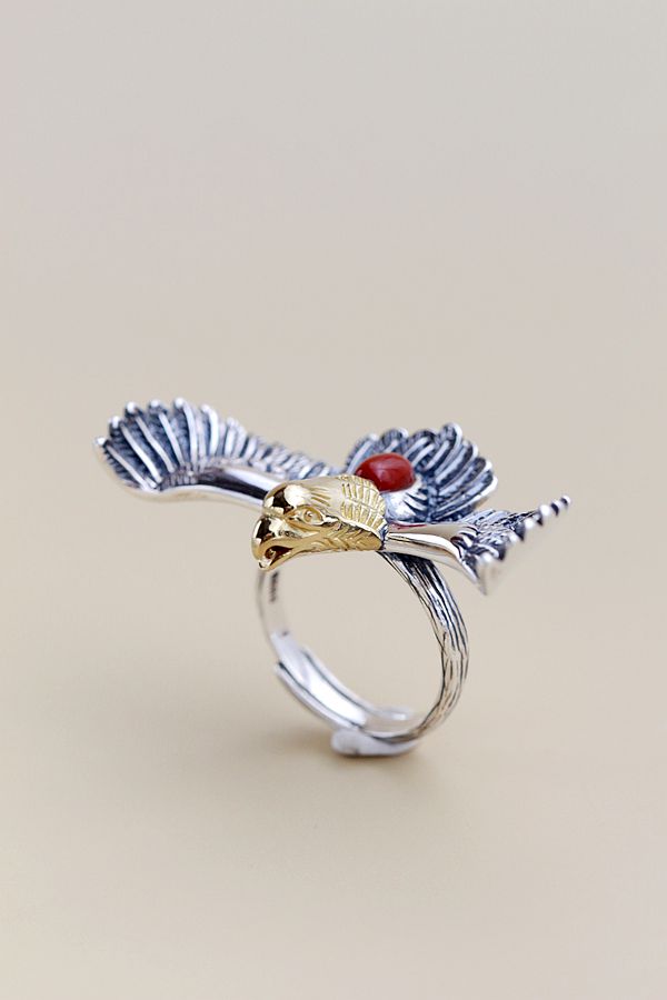 Authentic 925 Sterling Silver Ring IInlaid Natural Red Agate Creative Flying Eagle Retro Style Rings Fashio Tide Flow Jewelry