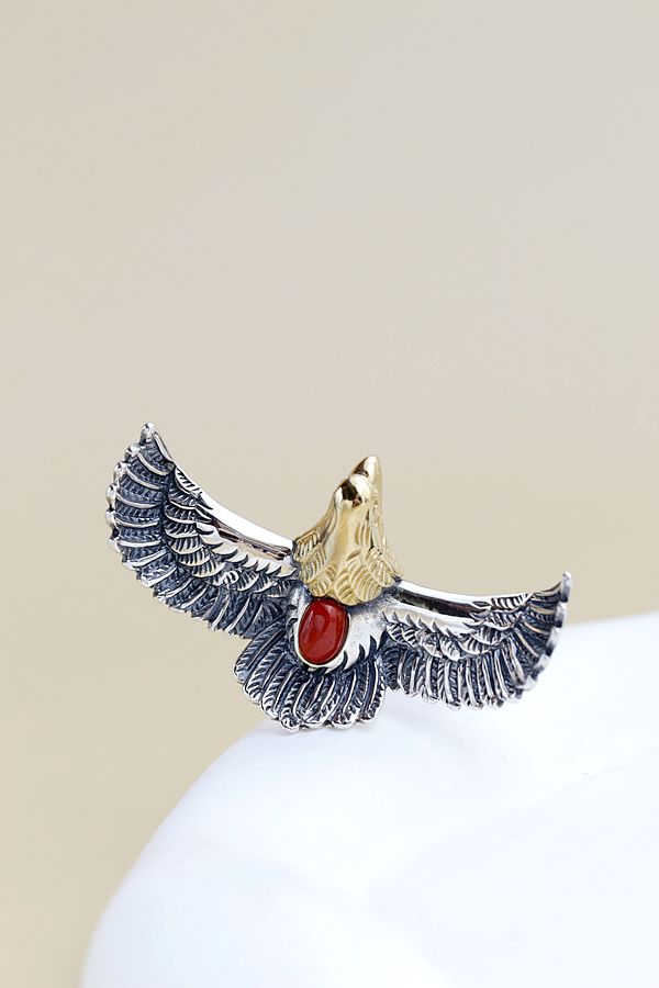Authentic 925 Sterling Silver Ring IInlaid Natural Red Agate Creative Flying Eagle Retro Style Rings Fashio Tide Flow Jewelry