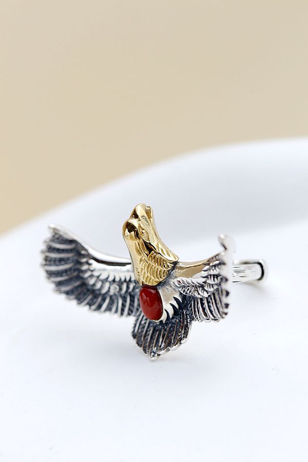 Authentic 925 Sterling Silver Ring IInlaid Natural Red Agate Creative Flying Eagle Retro Style Rings Fashio Tide Flow Jewelry
