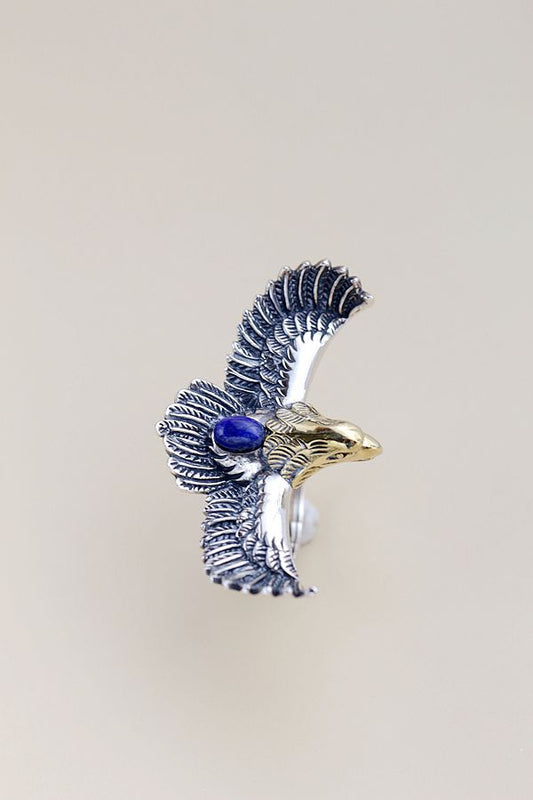 Authentic 925 Sterling Silver Ring IInlaid Natural Lapis Creative Flying Eagle Retro Style Rings Fashio Tide Flow Jewelry