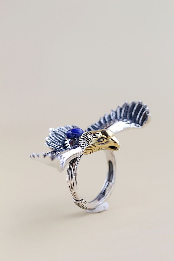 Authentic 925 Sterling Silver Ring IInlaid Natural Lapis Creative Flying Eagle Retro Style Rings Fashio Tide Flow Jewelry
