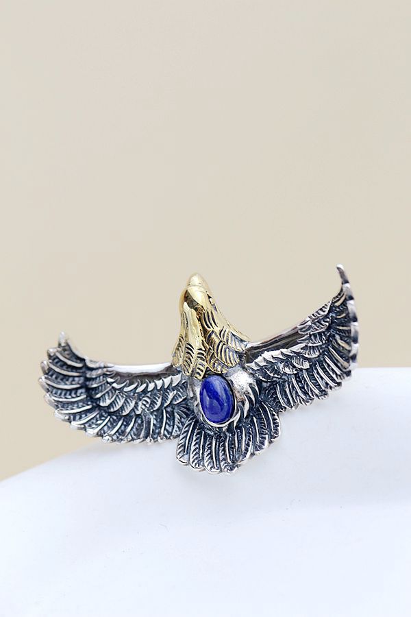 Authentic 925 Sterling Silver Ring IInlaid Natural Lapis Creative Flying Eagle Retro Style Rings Fashio Tide Flow Jewelry