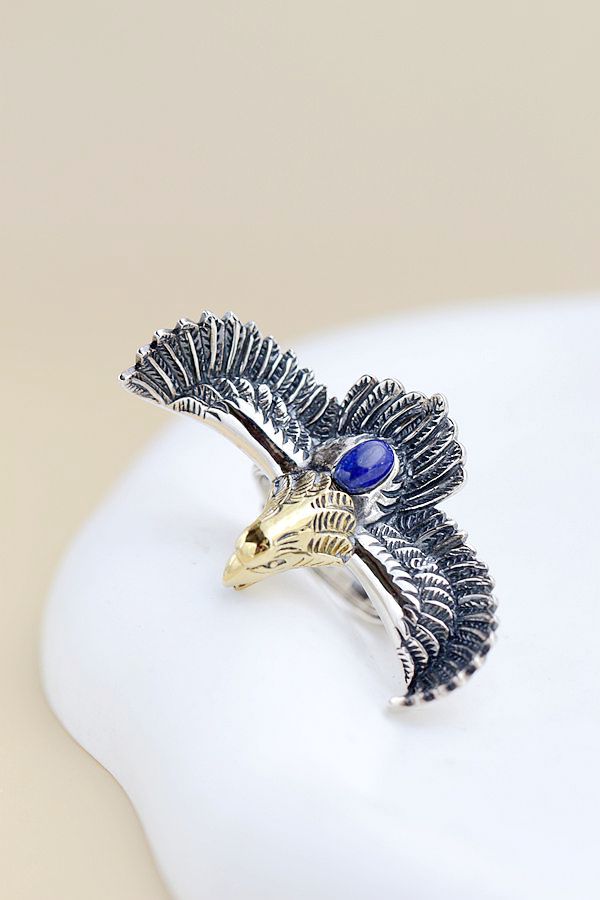 Authentic 925 Sterling Silver Ring IInlaid Natural Lapis Creative Flying Eagle Retro Style Rings Fashio Tide Flow Jewelry