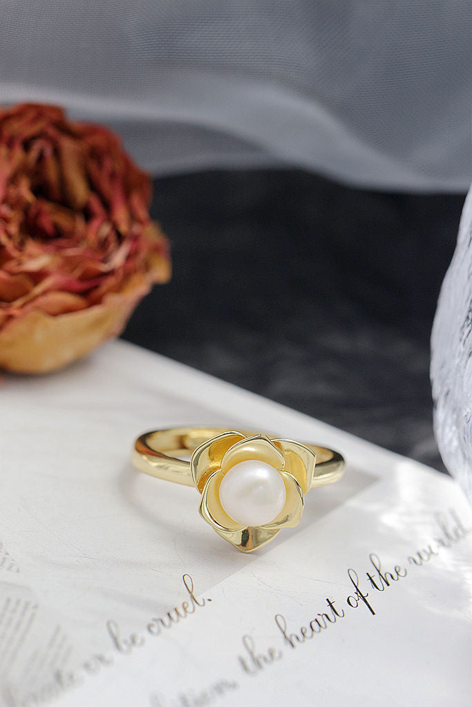 Elegant Fashion Ladie 925 Sterling Silver Ring Inlaid Natural Freshwater Pearl 18K Gold Plated Stereoscopic Flower Ring Opening