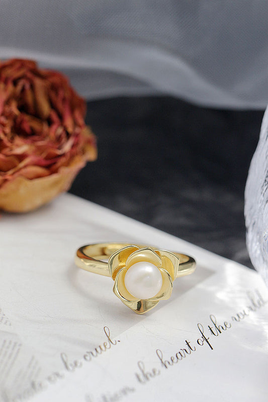 Elegant Fashion Ladie 925 Sterling Silver Ring Inlaid Natural Freshwater Pearl 18K Gold Plated Stereoscopic Flower Ring Opening