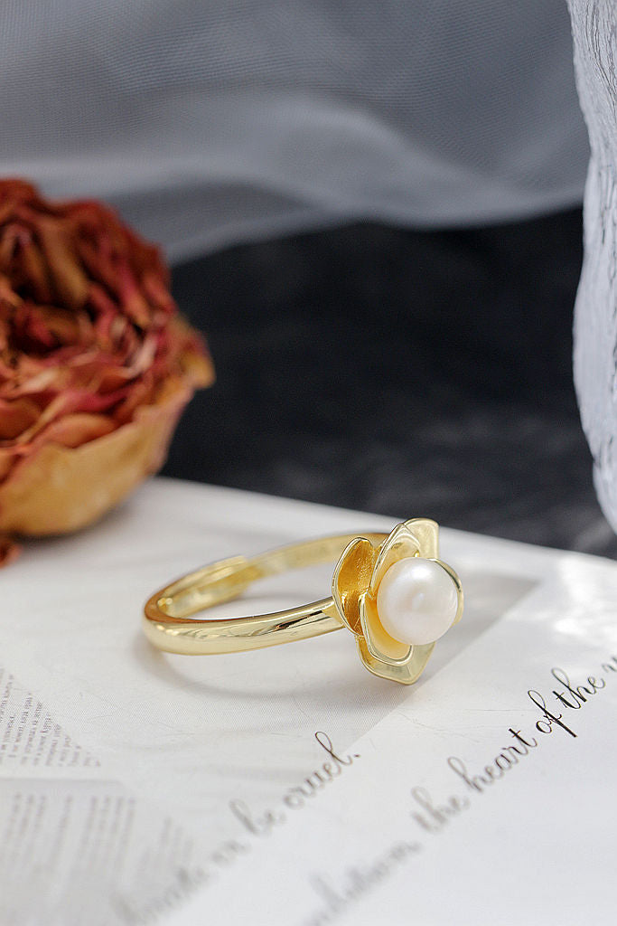 Elegant Fashion Ladie 925 Sterling Silver Ring Inlaid Natural Freshwater Pearl 18K Gold Plated Stereoscopic Flower Ring Opening