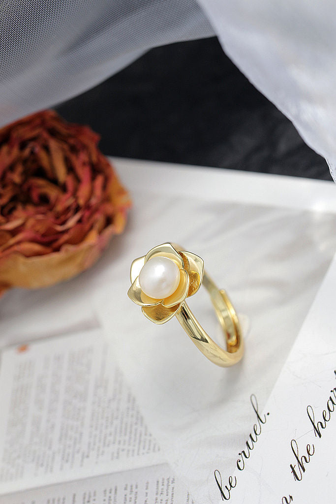 Elegant Fashion Ladie 925 Sterling Silver Ring Inlaid Natural Freshwater Pearl 18K Gold Plated Stereoscopic Flower Ring Opening