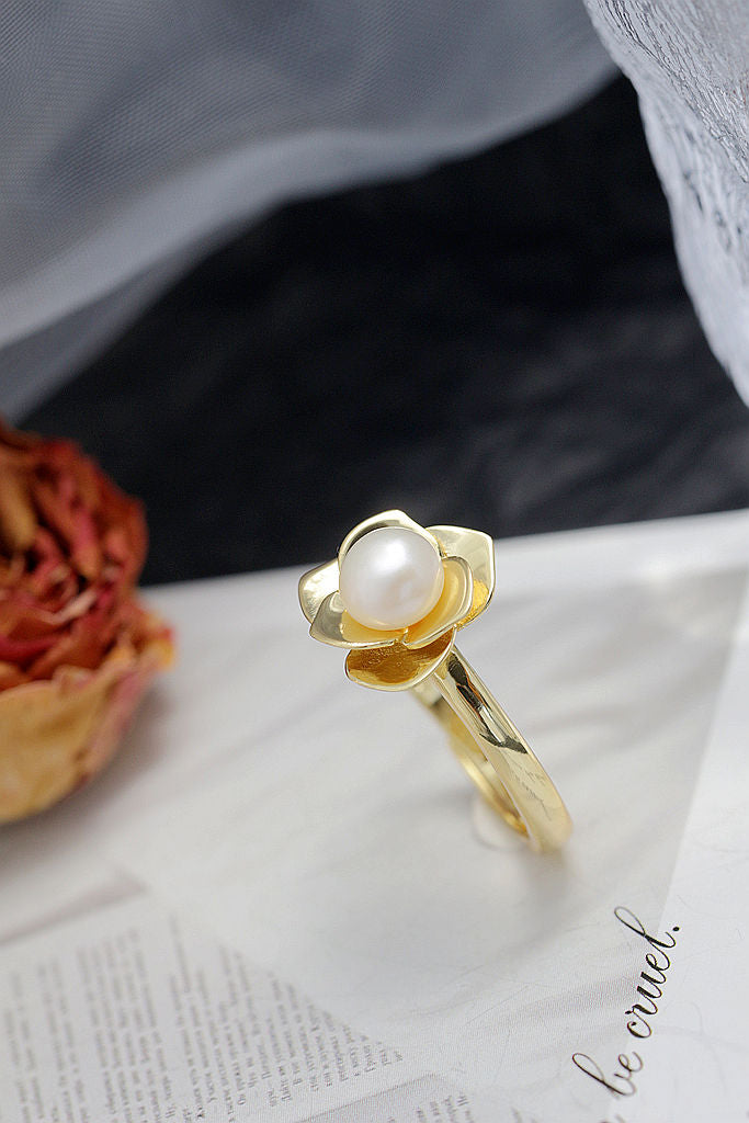 Elegant Fashion Ladie 925 Sterling Silver Ring Inlaid Natural Freshwater Pearl 18K Gold Plated Stereoscopic Flower Ring Opening