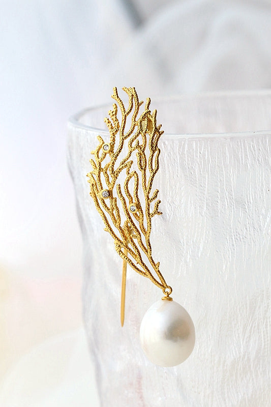 18K Gold Plated Coral Pattern Brooch Inlaid Natural Baroque Freshwater Pearl Fashion Creative 925 Sterling Silver Brooch