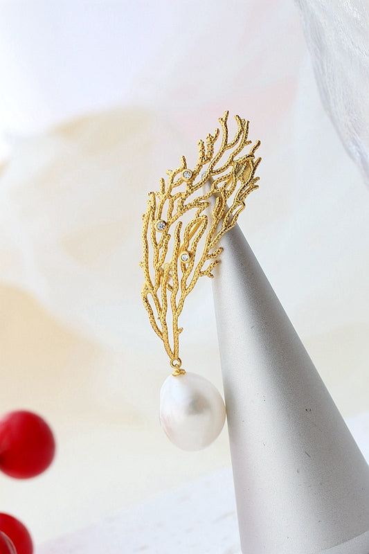 18K Gold Plated Coral Pattern Brooch Inlaid Natural Baroque Freshwater Pearl Fashion Creative 925 Sterling Silver Brooch