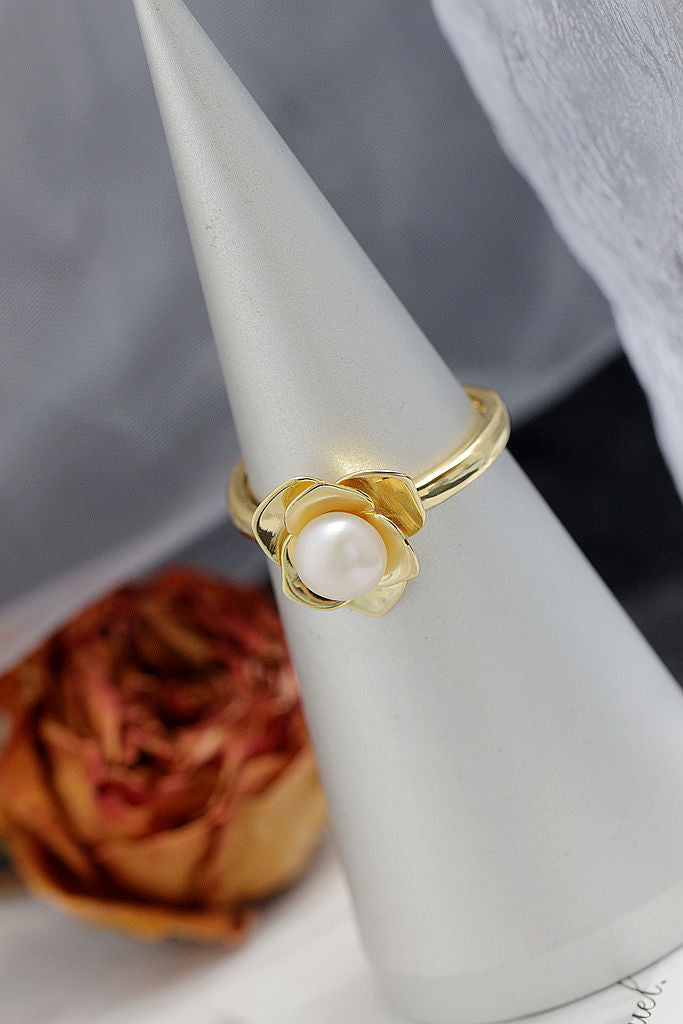 Elegant Fashion Ladie 925 Sterling Silver Ring Inlaid Natural Freshwater Pearl 18K Gold Plated Stereoscopic Flower Ring Opening