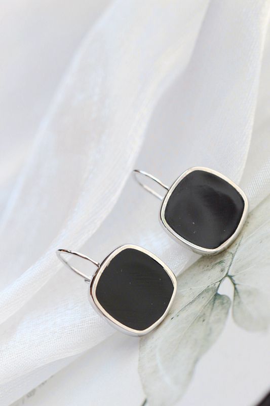 925 Sterling Silver Earrings Lady Retro Style Charm Inlaid Natural Black Agate Square Earring